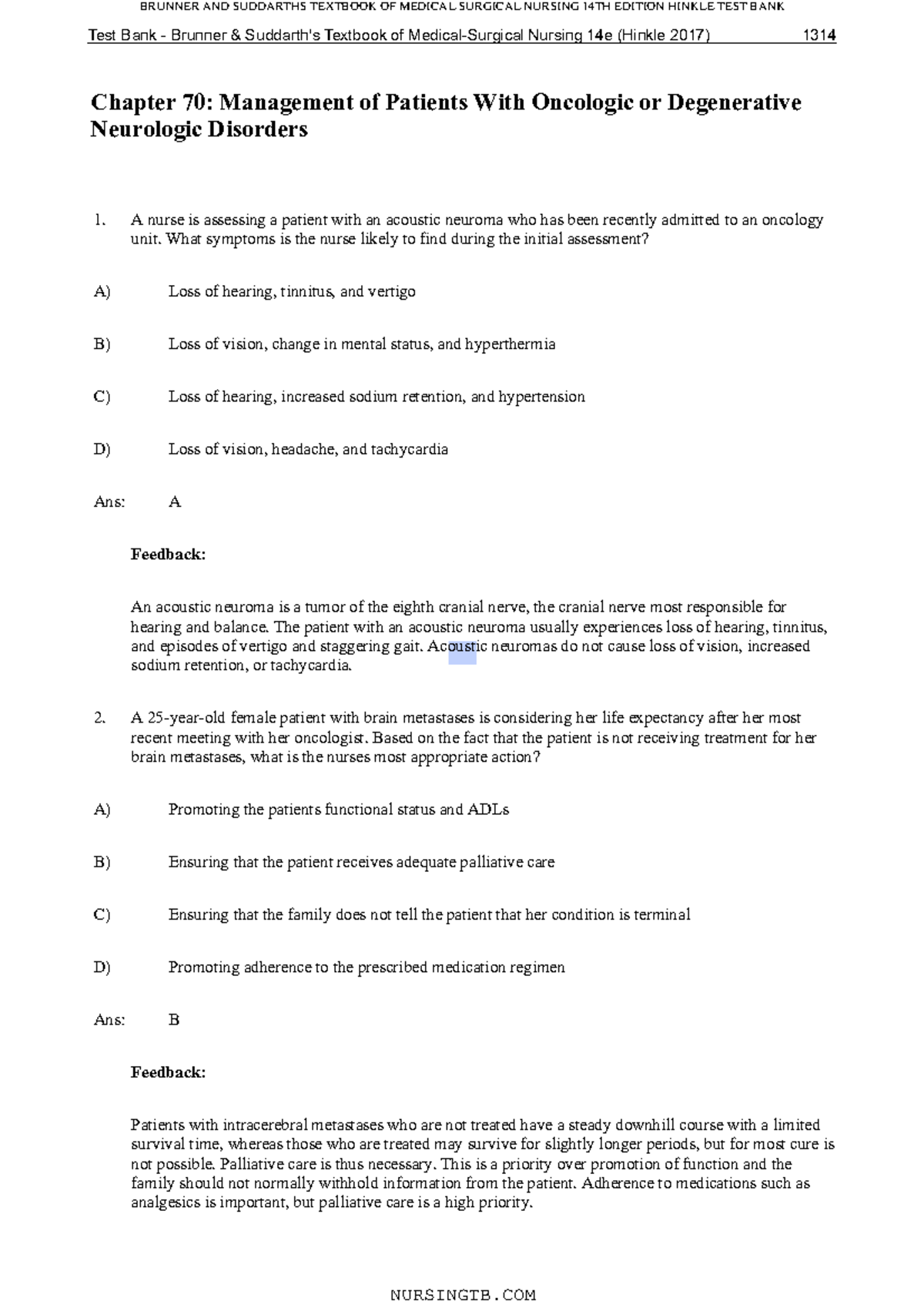 Ch 70 - brunner - Chapter 70: Management of Patients With Oncologic or ...