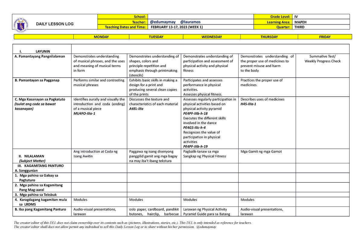 DLL Mapeh-4 Q3 W1 newedumaymaylauramos - DAILY LESSON LOG School: Grade ...