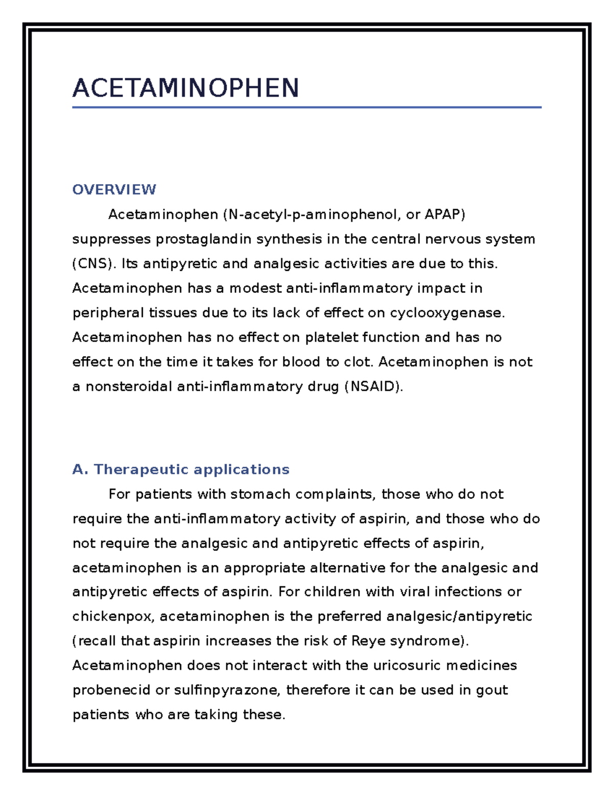 AN Overview OF Acetaminophen - Pharmacology - BHU - Studocu