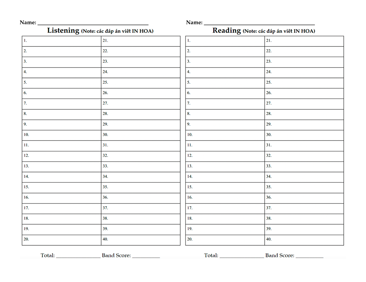 Answer sheet for IELTS - English - Studocu