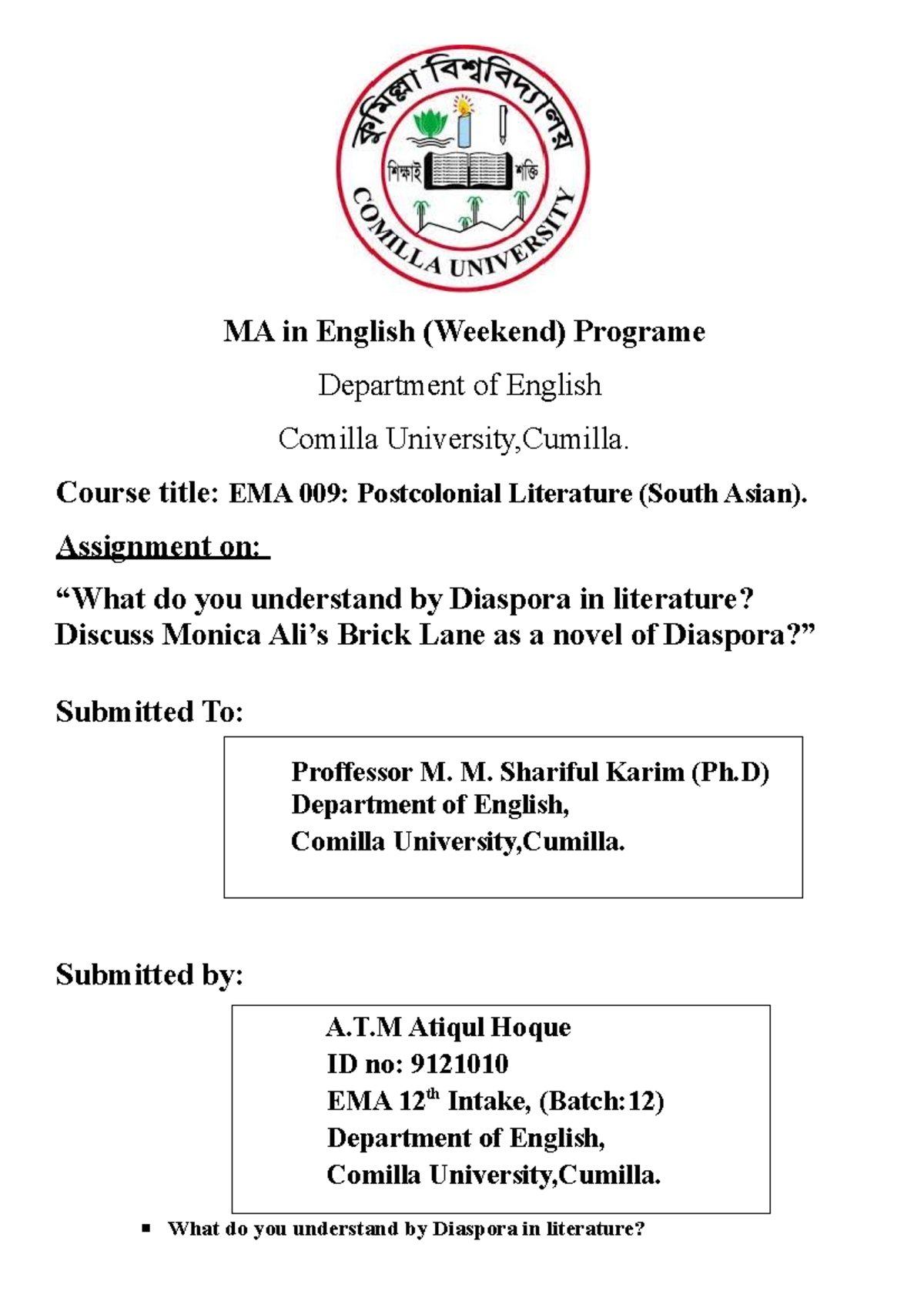 Sharif Sir Assignment - Thank You - MA In English (Weekend) Programe ...