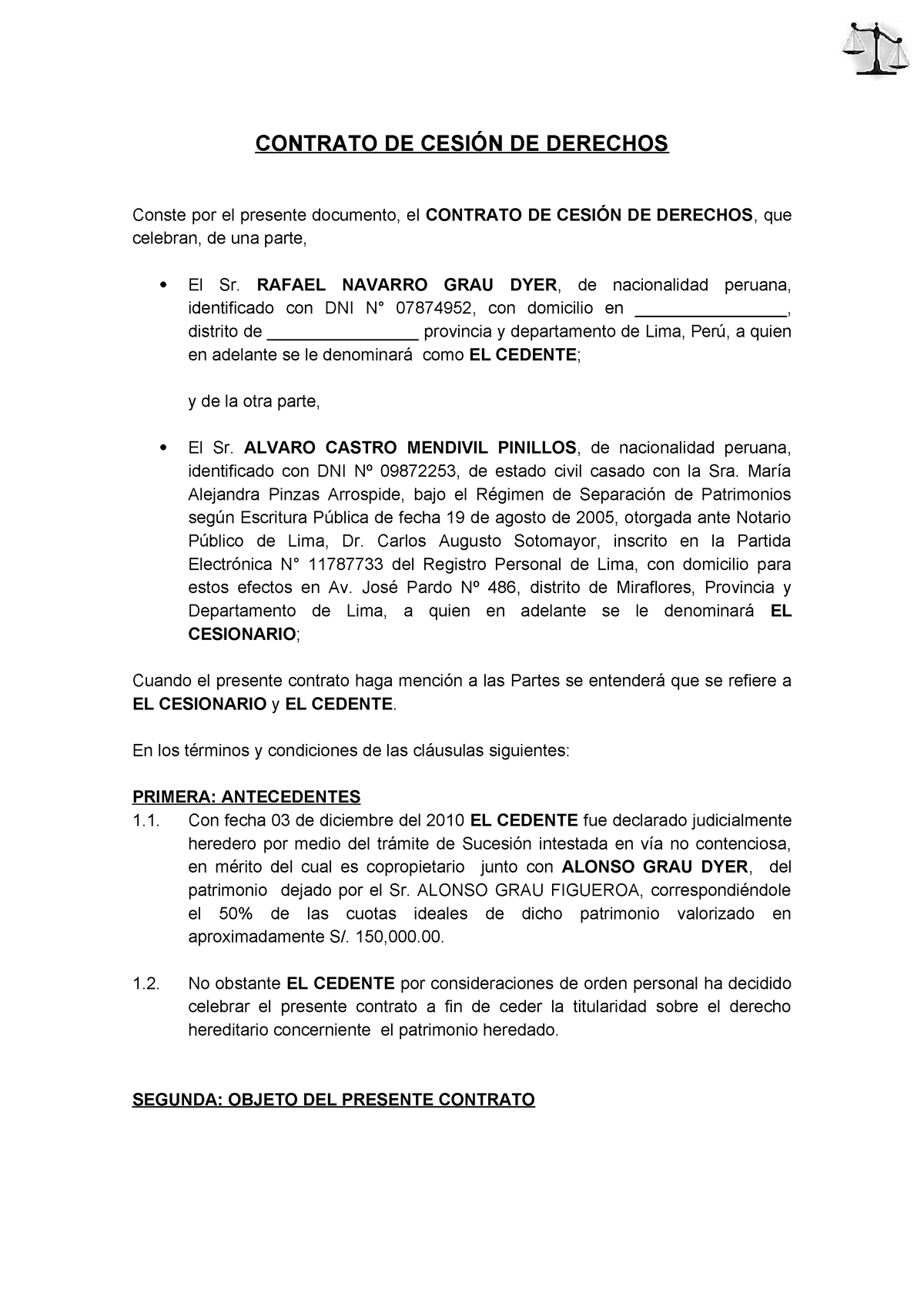 Contrato De Cesion De Derechos Hereditarios - CONTRATO DE CESIÓN DE ...