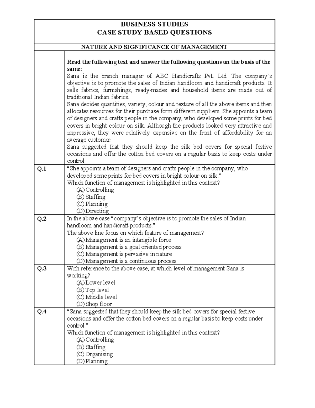 cbse business studies case study questions