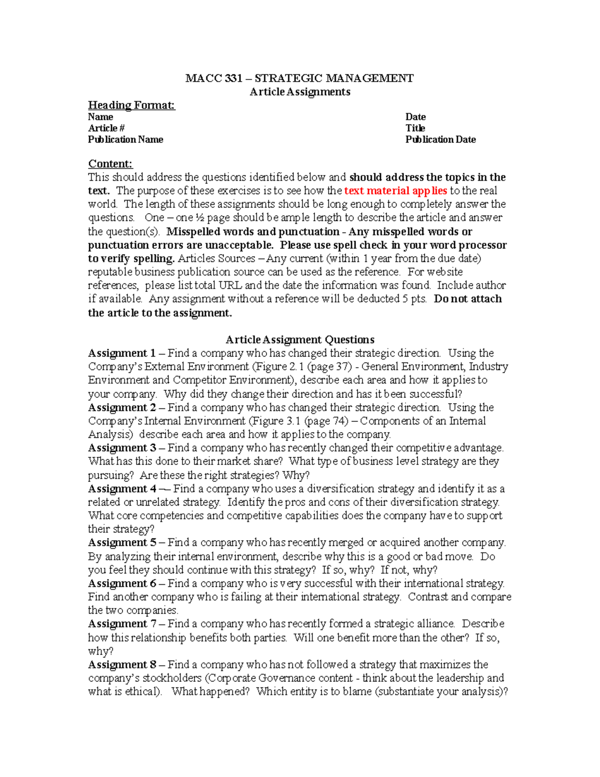 MACC 331 Article Assignments - MACC 331 – STRATEGIC MANAGEMENT Article ...