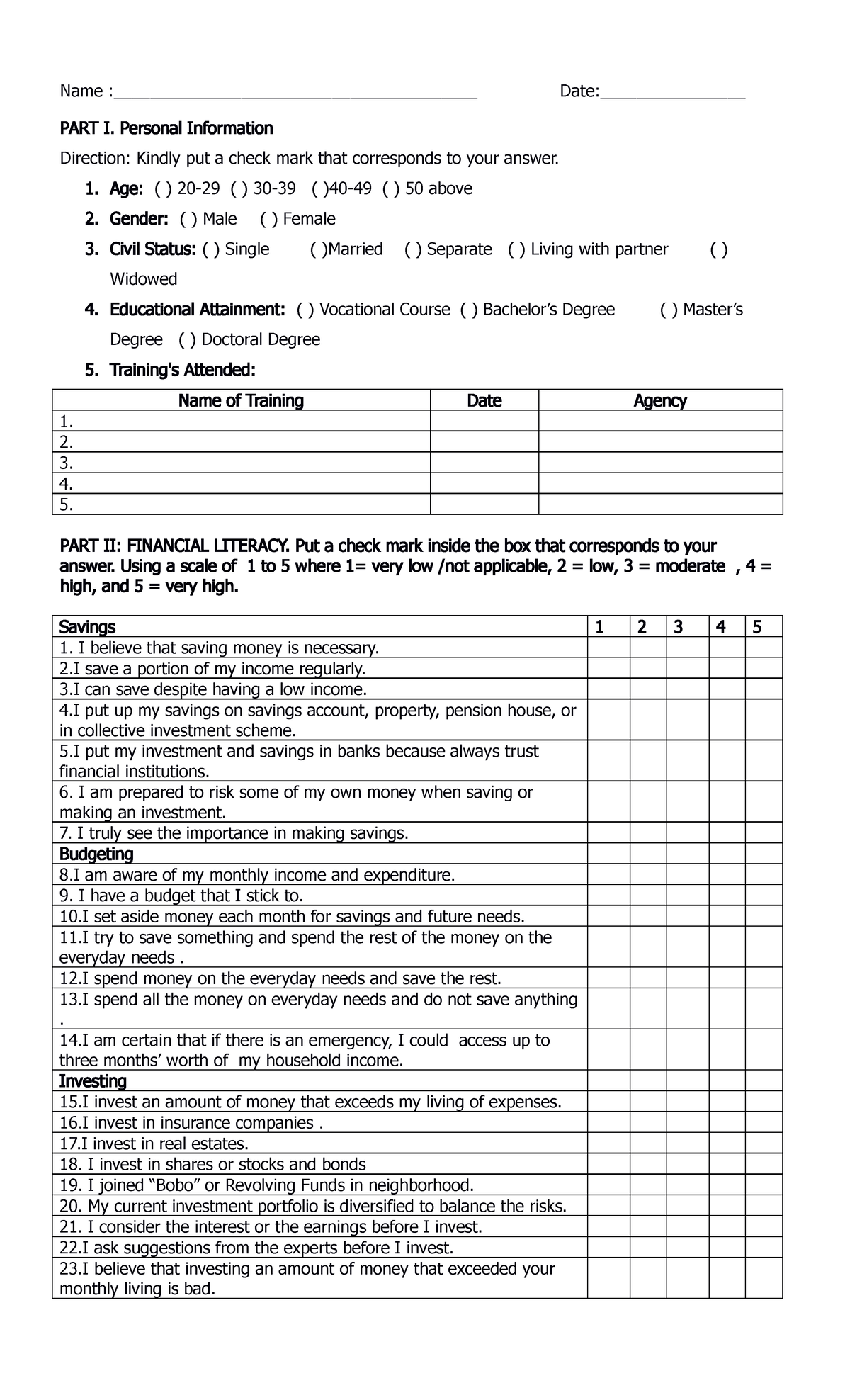 Fincial Literacy Questionnaire - Name ...