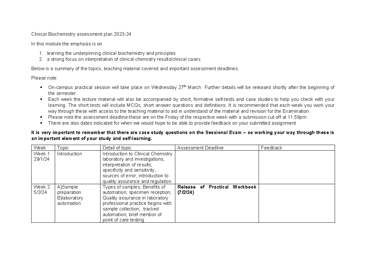 2024 Assessment schedule (4) - Clinical Biochemistry assessment plan ...