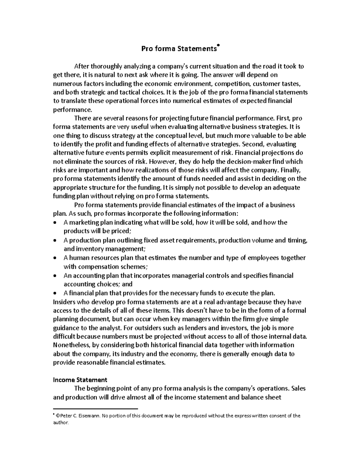 Proforma Statements - Pro forma Statements∗ After thoroughly analyzing ...