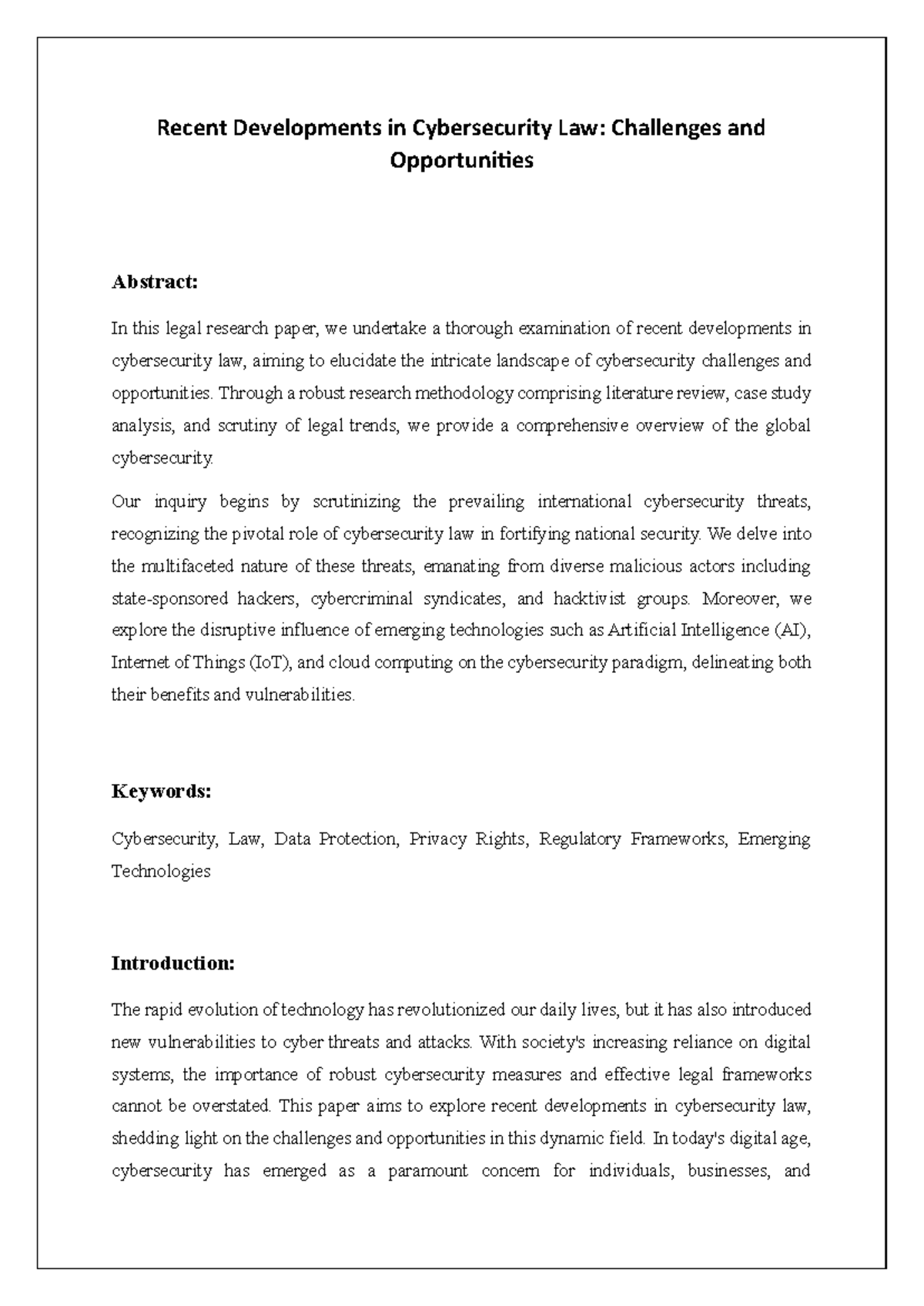 Reserch Paper - Recent Developments in Cybersecurity Law: Challenges ...