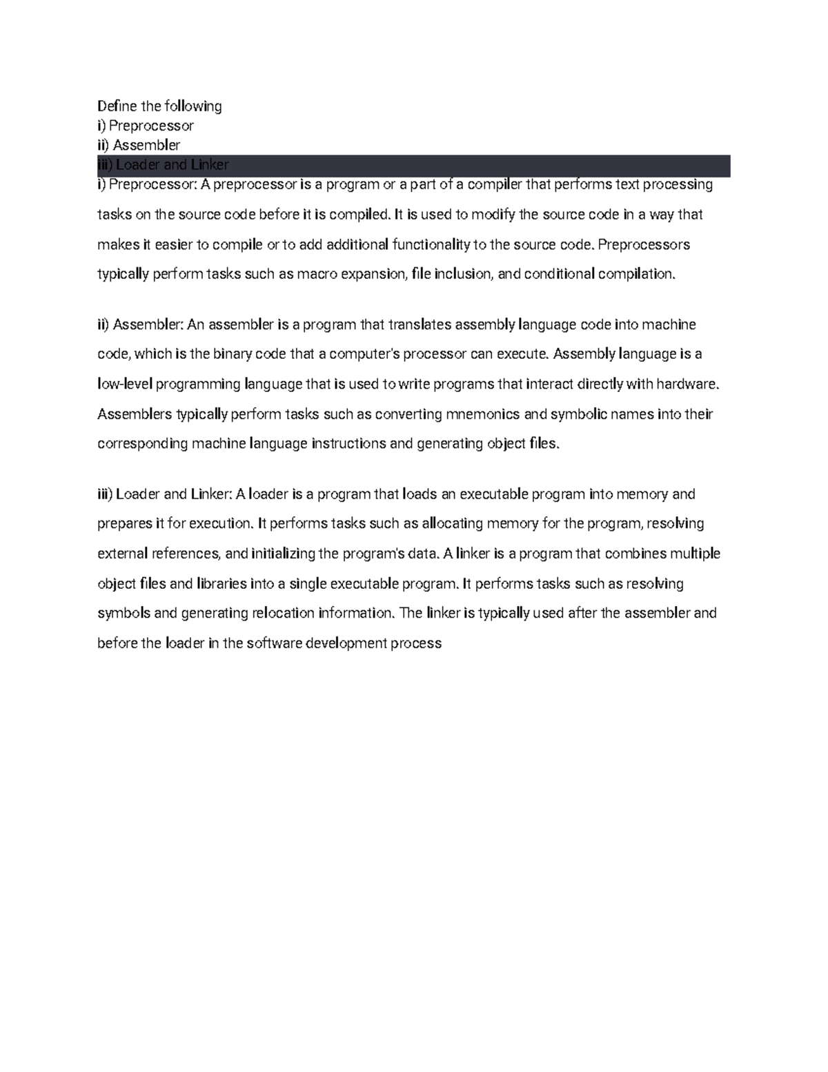 Compiler - Define the following i) Preprocessor ii) Assembler iii ...