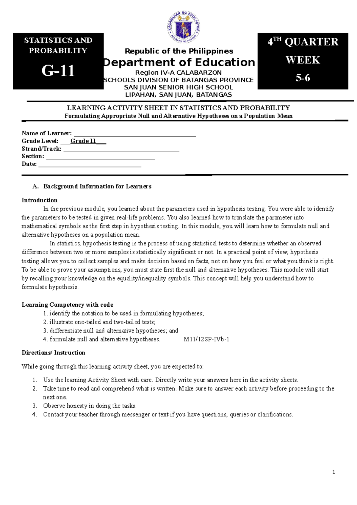 4th Statistics Week 5 6 Las Republic Of The Philippines Department Of Education Region Iv A 6259