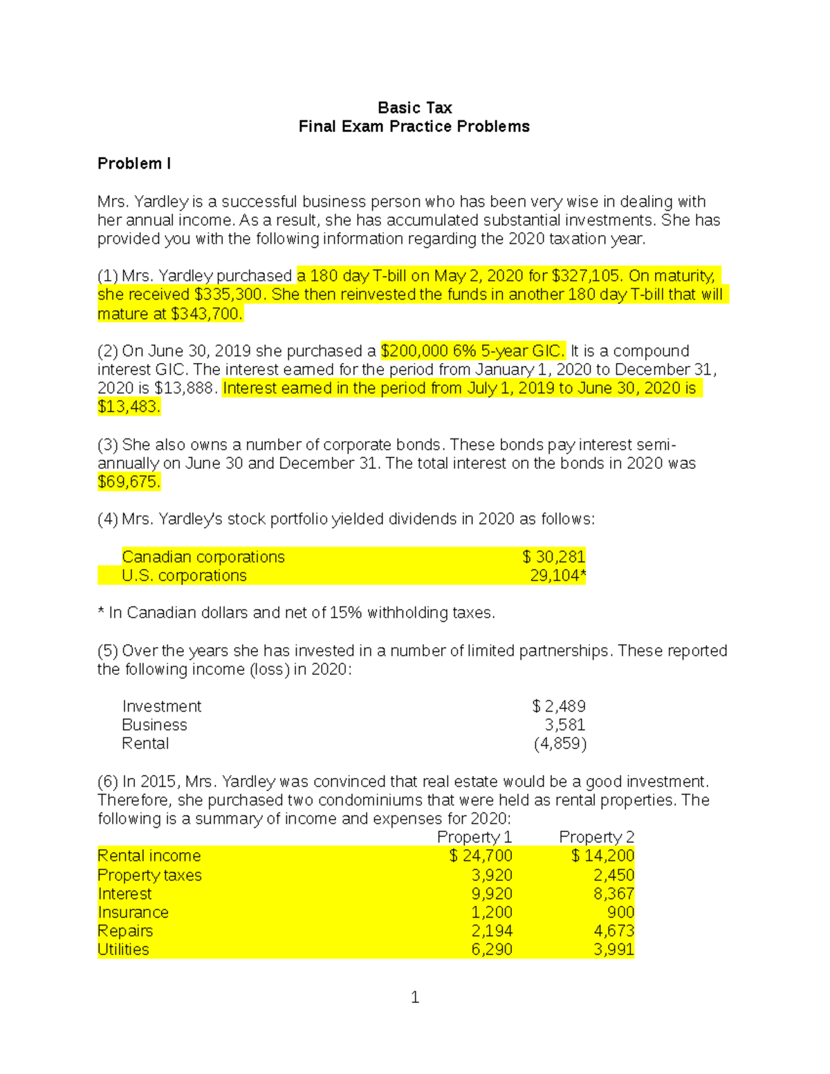 FE Practice Problems - Basic Tax Final Exam Practice Problems Problem I ...