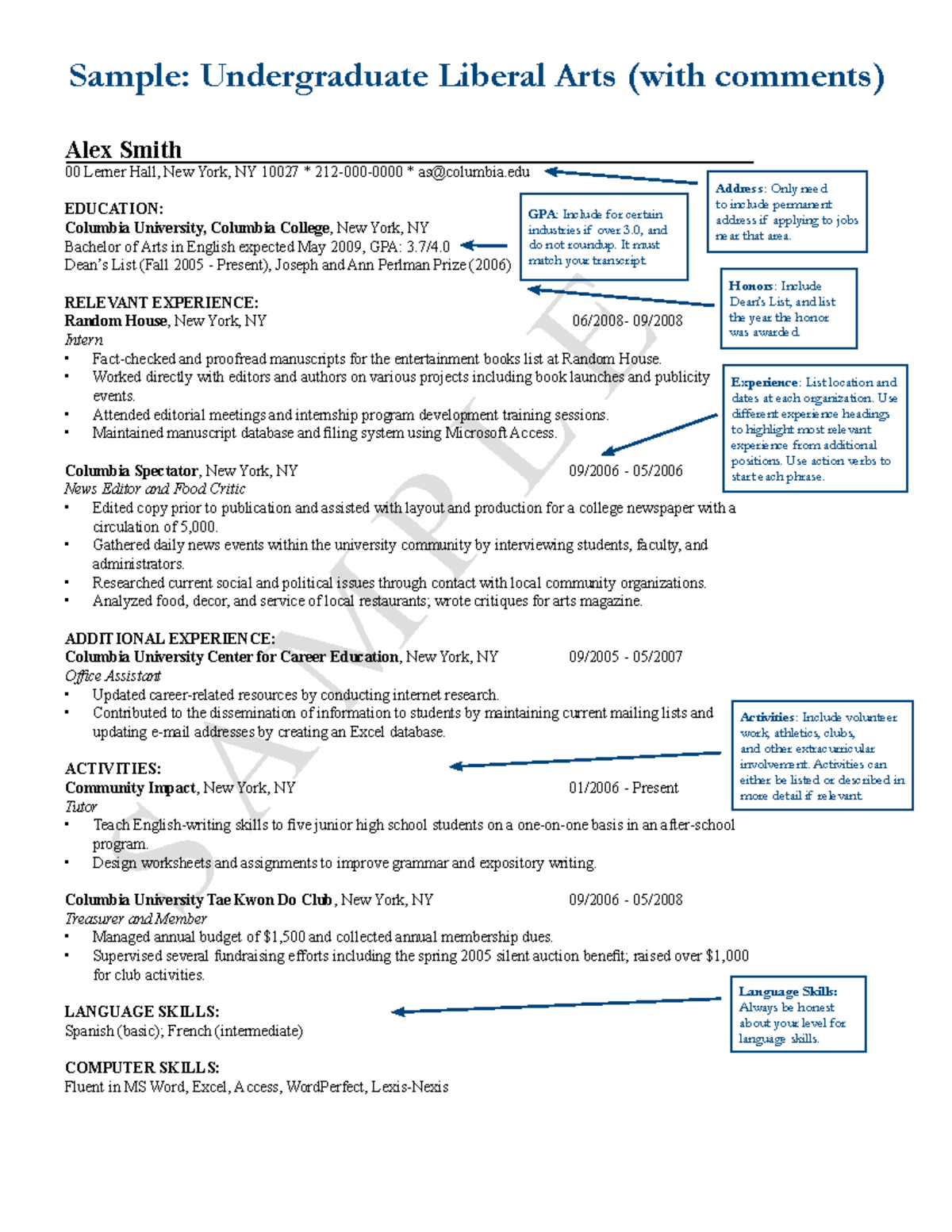 Sample Resume Undegrad Liberal Arts With Comments Sample Undergraduate Liberal Arts With 8894