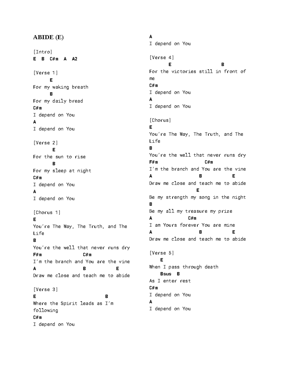 Abide (E, female key) Sample music. ABIDE (E) [Intro] E B Cm A A [Verse 1] E For my waking