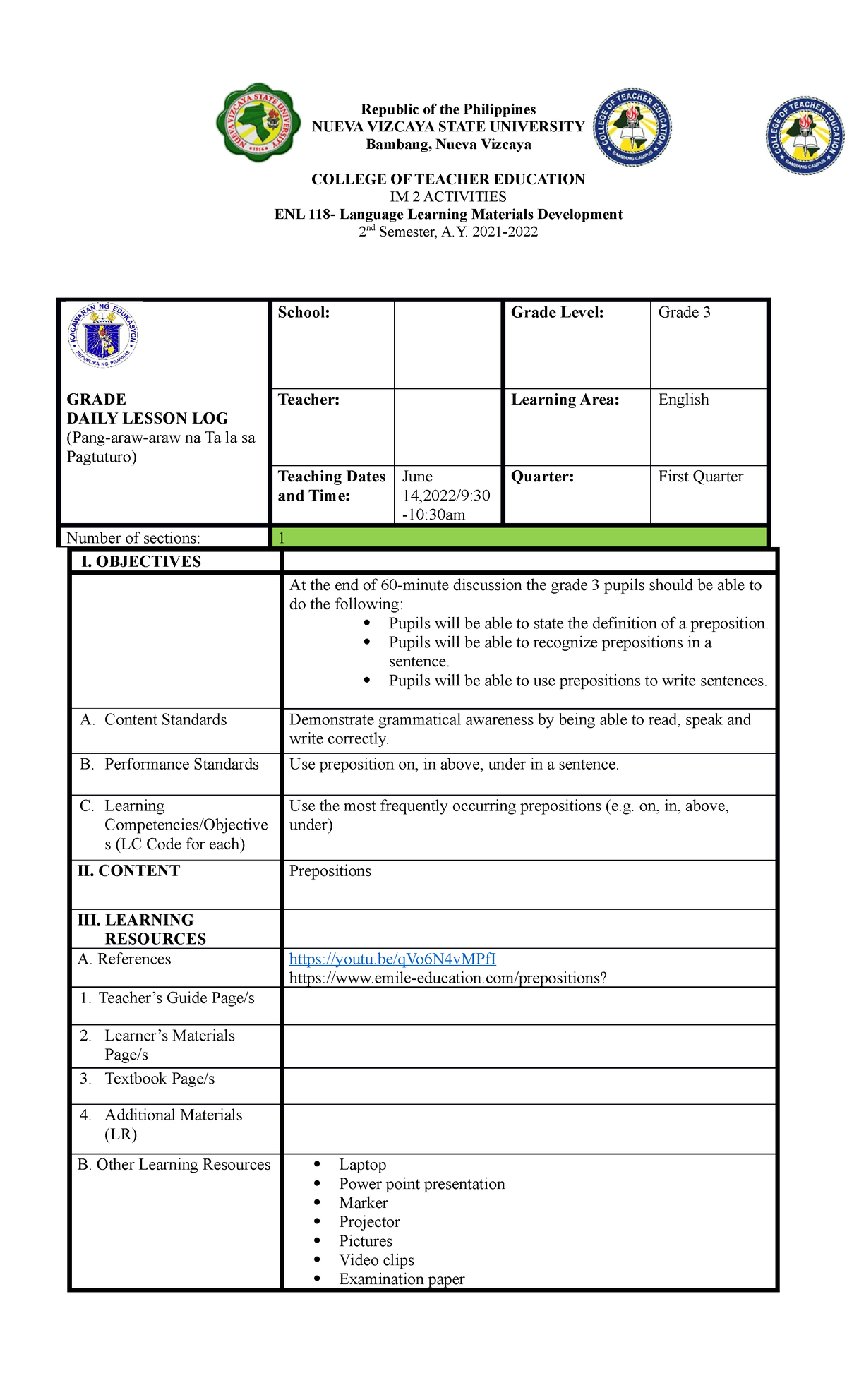 Example of Lesson Plan - Republic of the Philippines NUEVA VIZCAYA ...