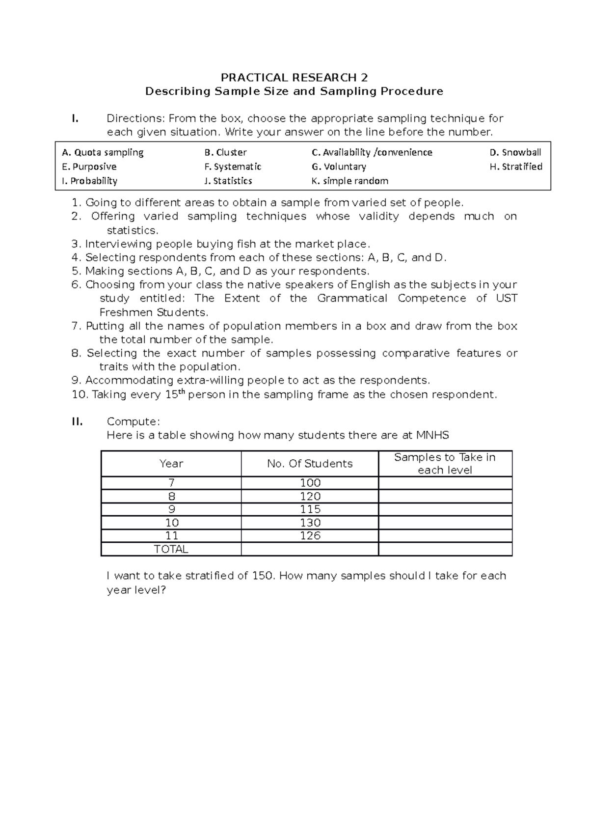 Sampling worksheet - this is just an activity adopted from various ...
