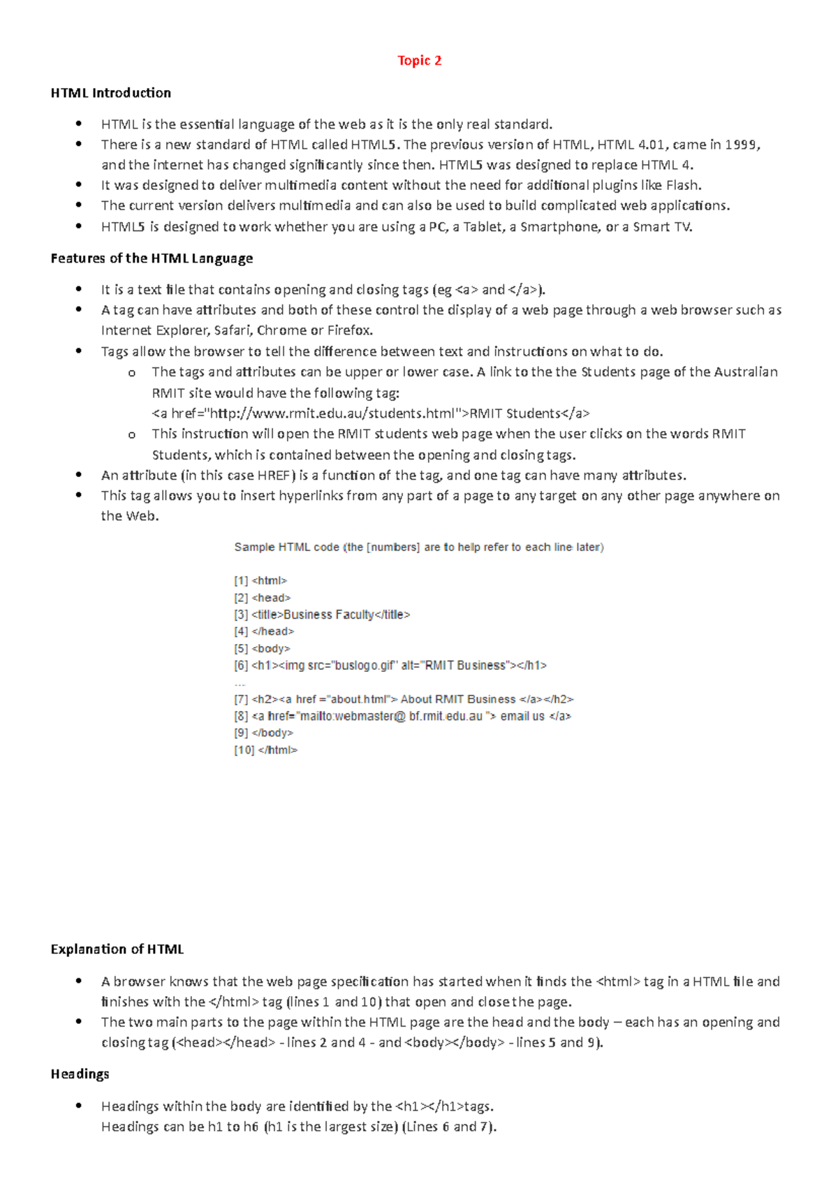Topic 2 - Lecture notes 2 - Topic 2 HTML Introduction HTML is the ...