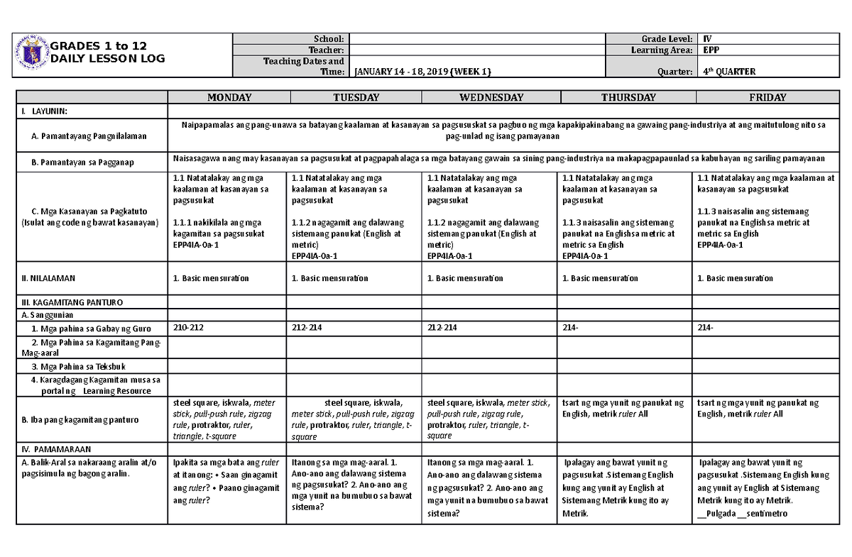 DLL EPP 4 Q4 W1 - GRADES 1 to 12 DAILY LESSON LOG School: Grade Level ...