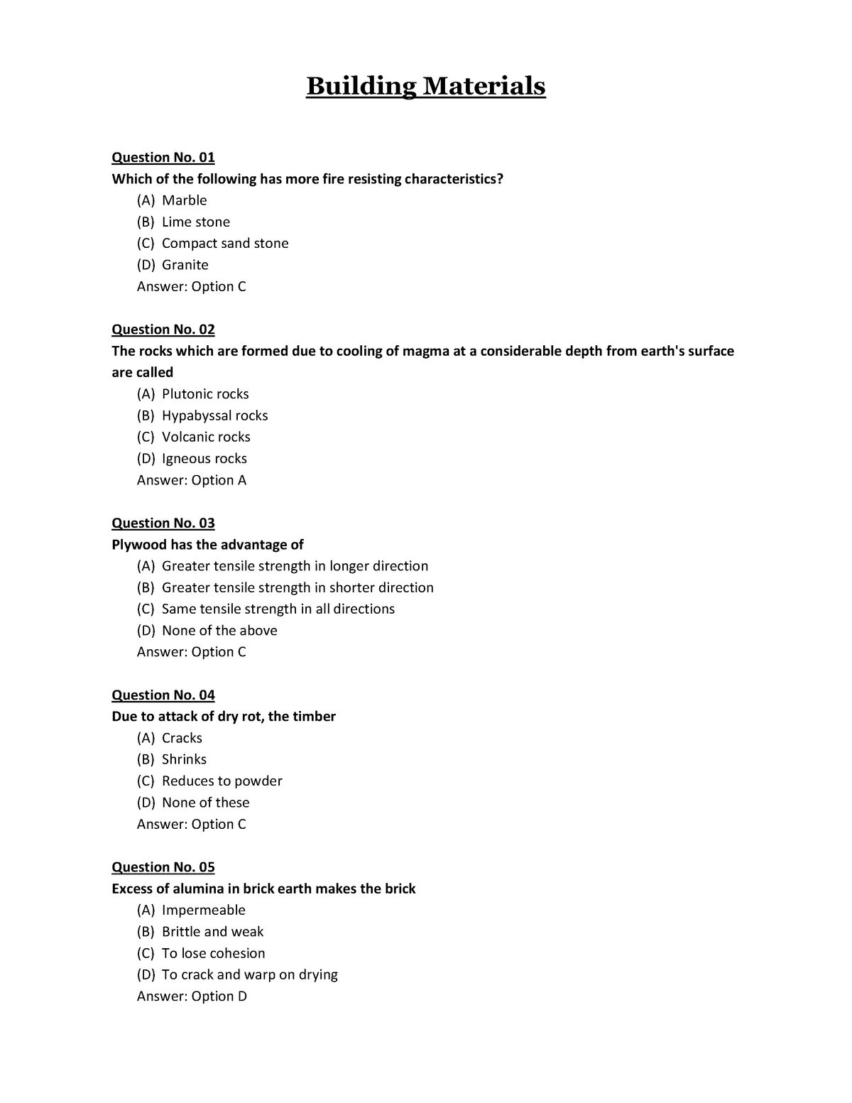 Building Materials - Building Materials Question No. 01 Which Of The ...