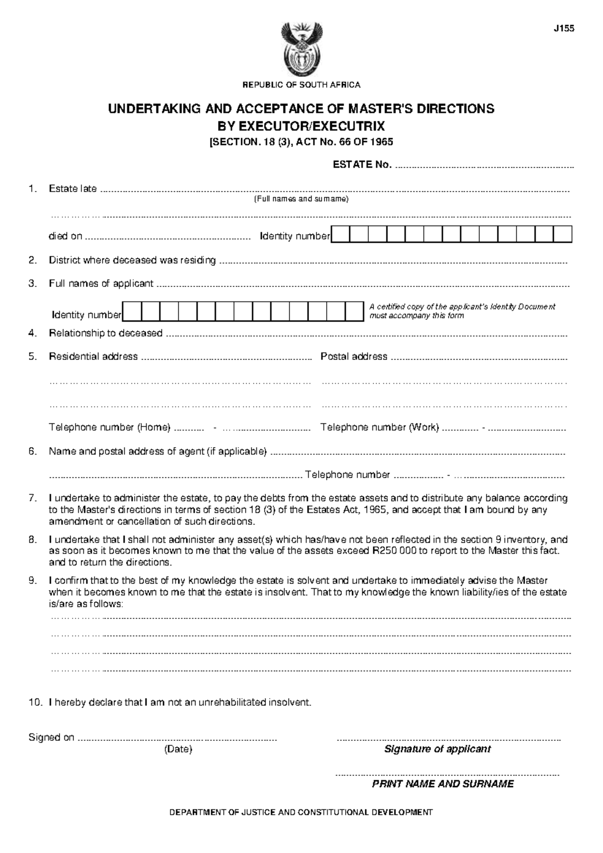 J155 Undertaking AND Acceptance OF Master'S Directions DEPARTMENT