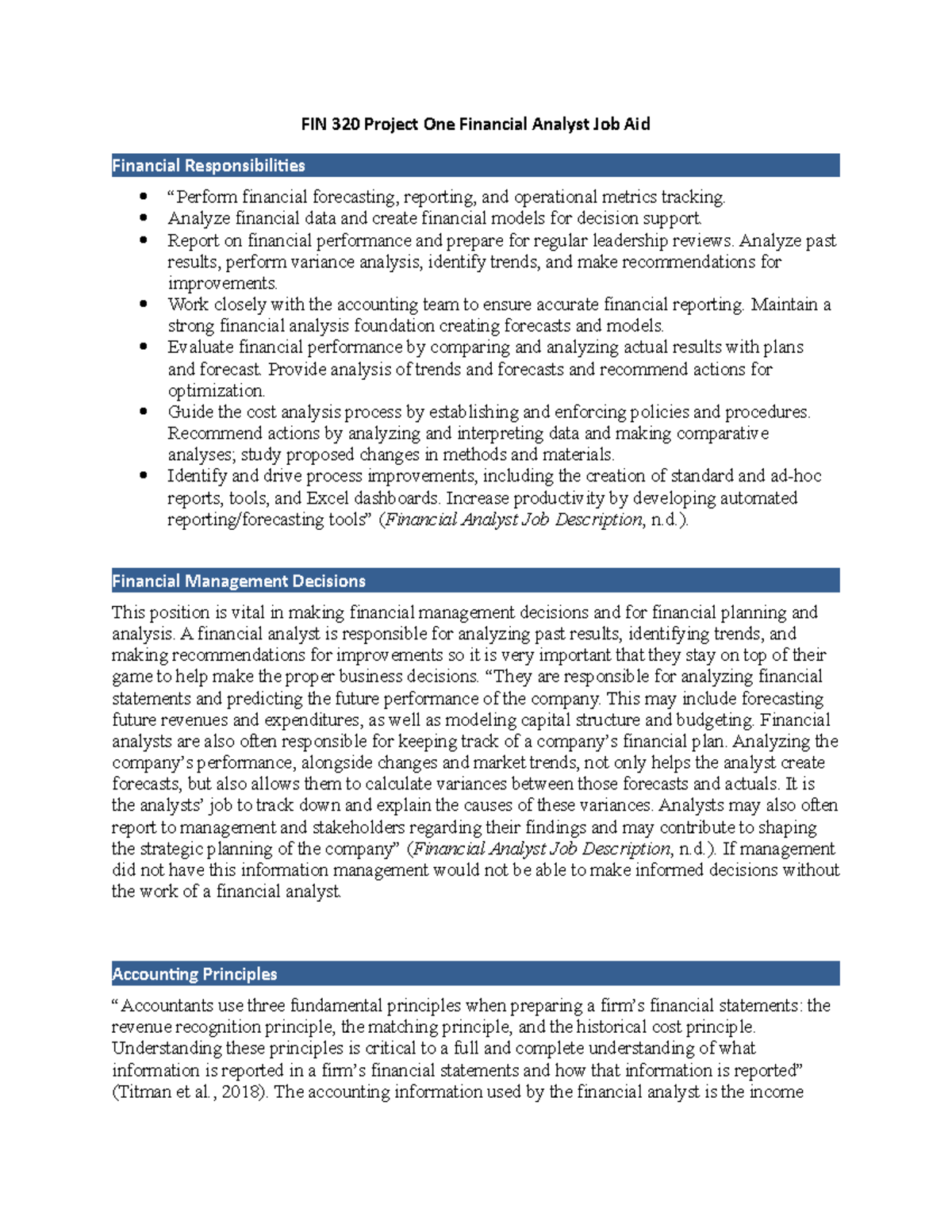 FIN 320 Project One Financial Analyst Job Aid - Analyze financial data ...