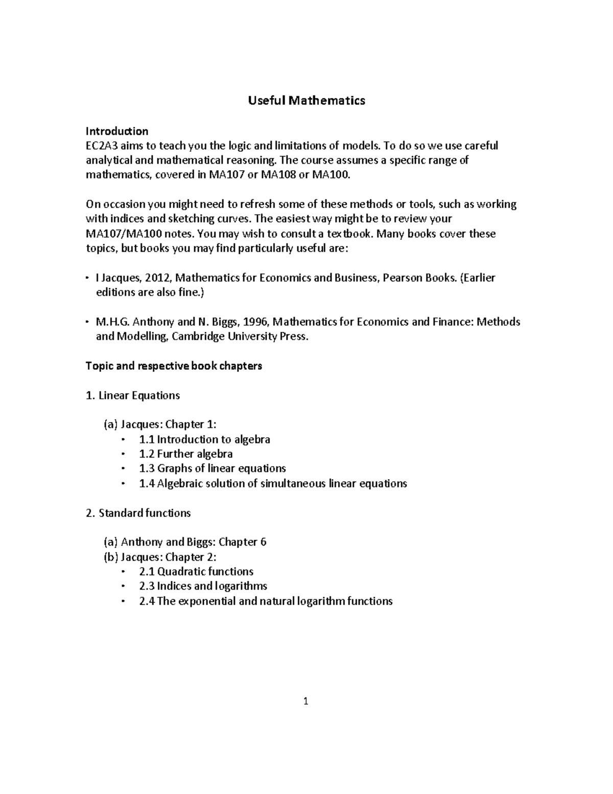 EC2A3 Mathematics Reading List 1 Useful Mathematics Introduction