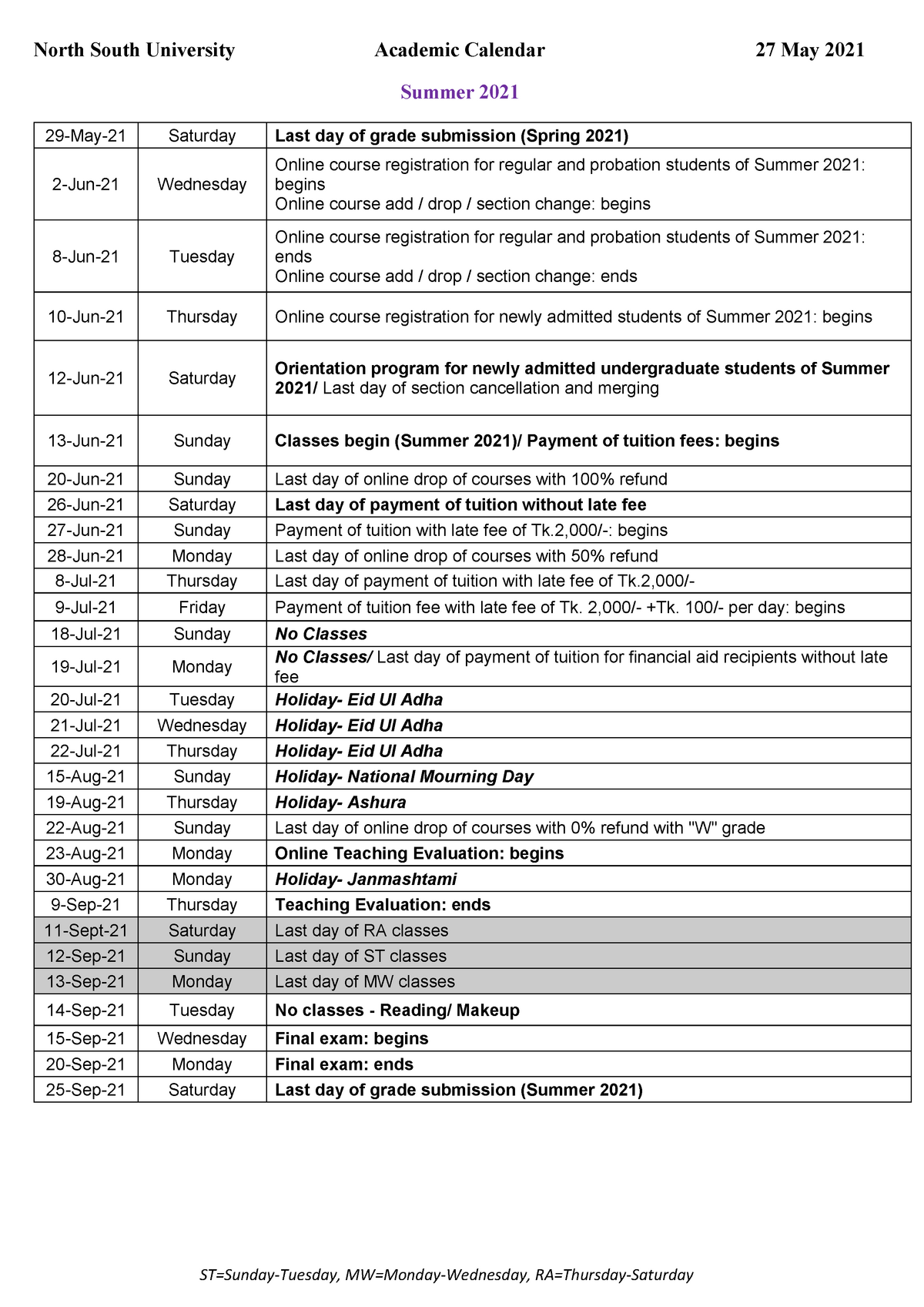 Nsu Calendar 2022 5-240.Summer 2021 Academic Calendar - Business Statistics - Bus172 - -  Studocu