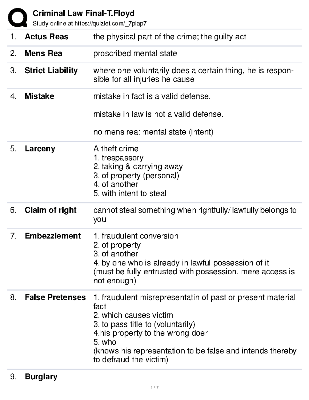 Crim Law Quizlet Elements Study online at quizlet/_7piap Actus Reas