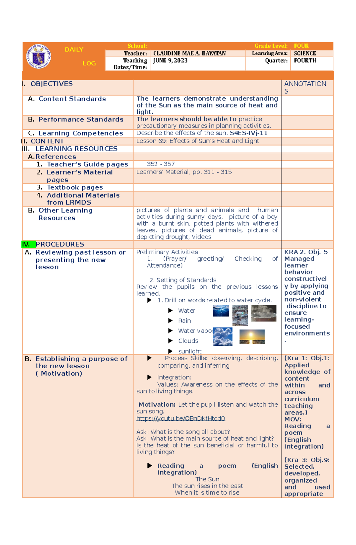 Sample Activity Sheets In Science Grade 4