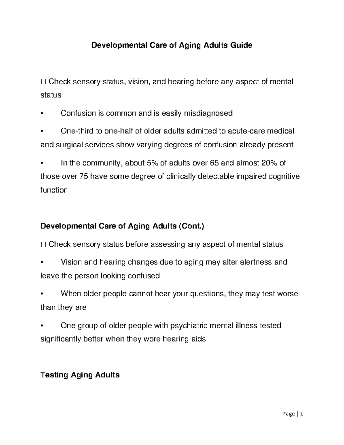 Developmental Care of Aging Adults Guide - ) Check sensory status ...
