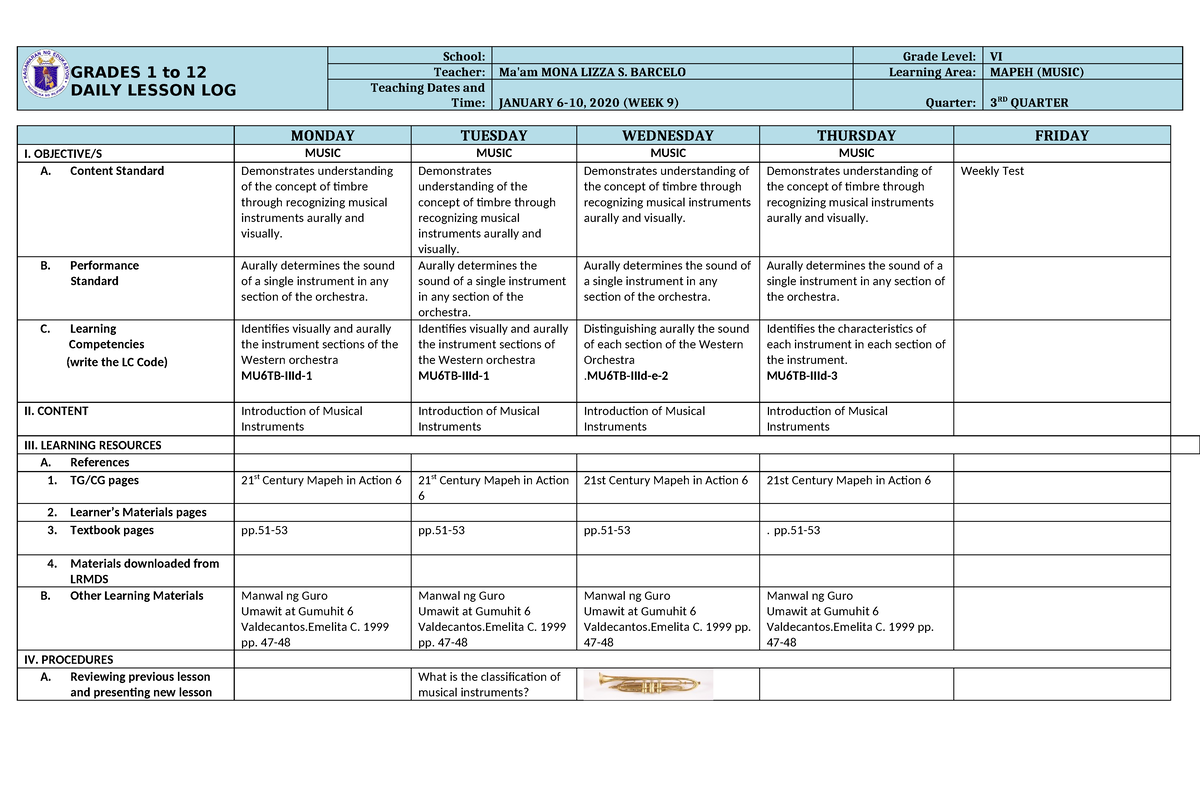 Dll Mapeh 6 Q3 W9 Dll Grades 1 To 12 Daily Lesson Log School Grade Level Vi Teacher Maam 1681