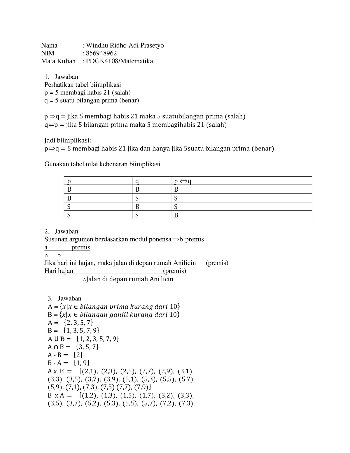 Tugas 1 MTK - Nama : Windhu Ridho Adi Prasetyo NIM : 856948962 Mata ...