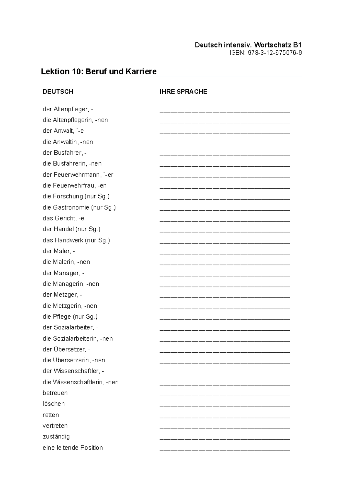 Wortschatz B1 Wortliste Lektion 10 - Deutsch intensiv. Wortschatz B ...