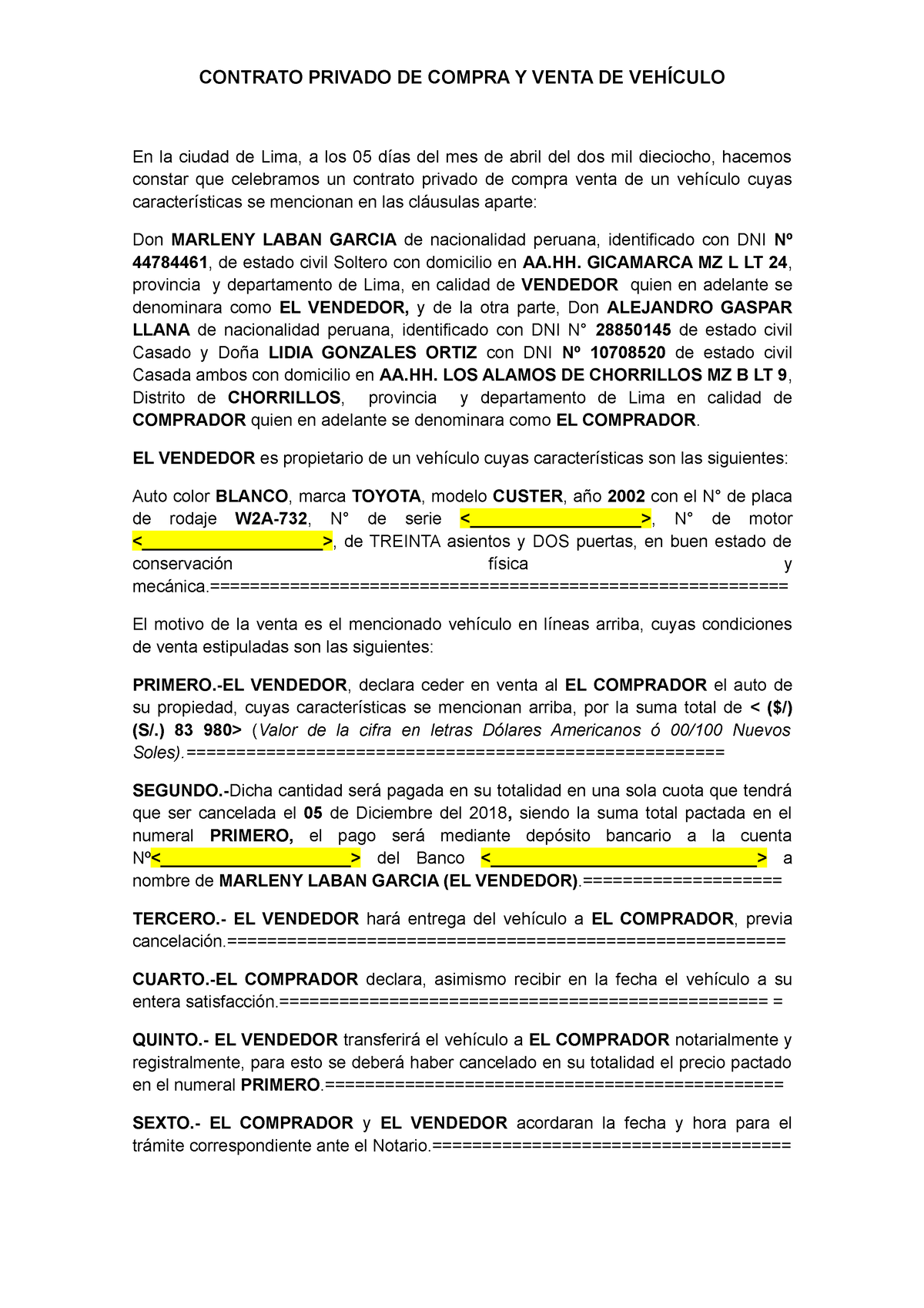 Modelo de Contrato Privado de Compra y Venta de Vehiculo Peru - CONTRATO  PRIVADO DE COMPRA Y VENTA - Studocu