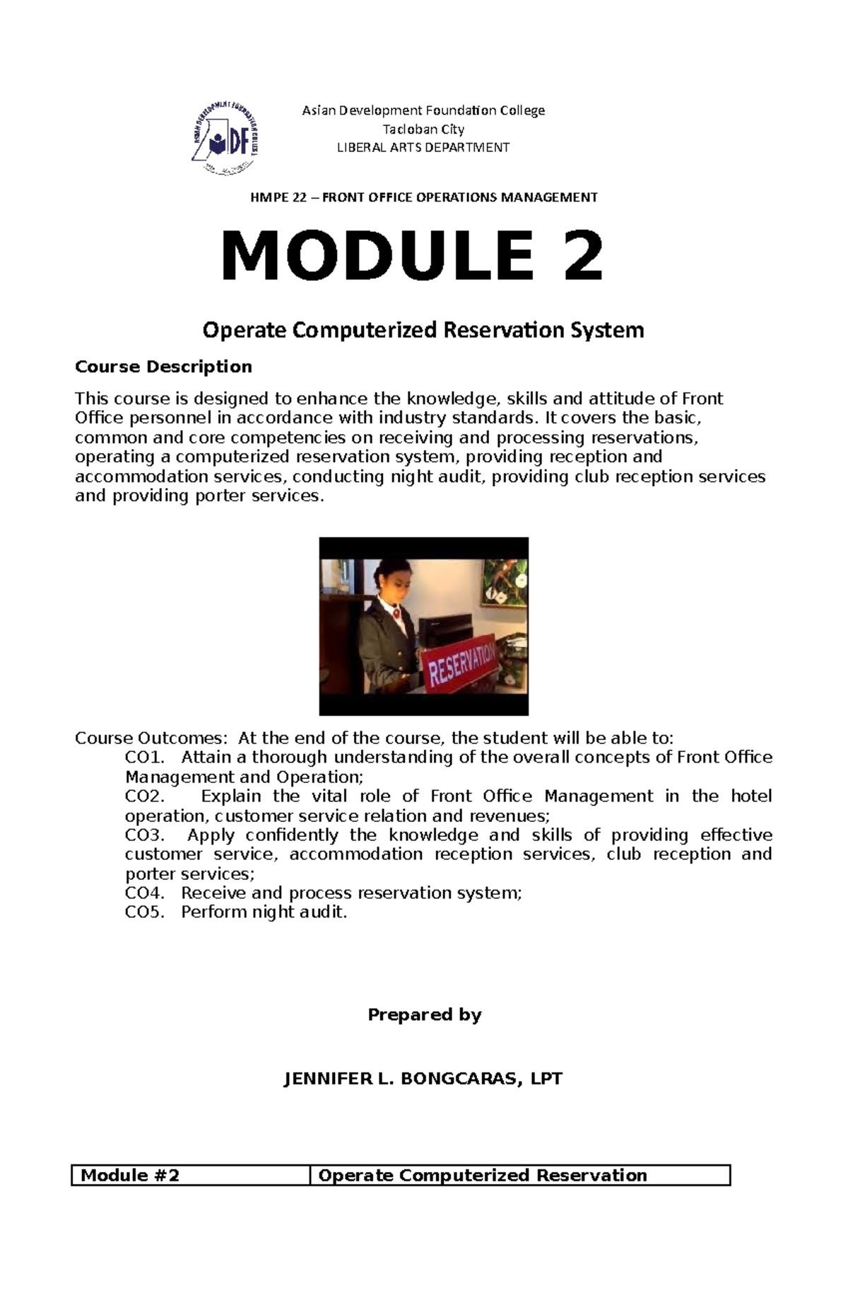 HMPE 22 Module 2 - Front Office Operations - Asian Development ...