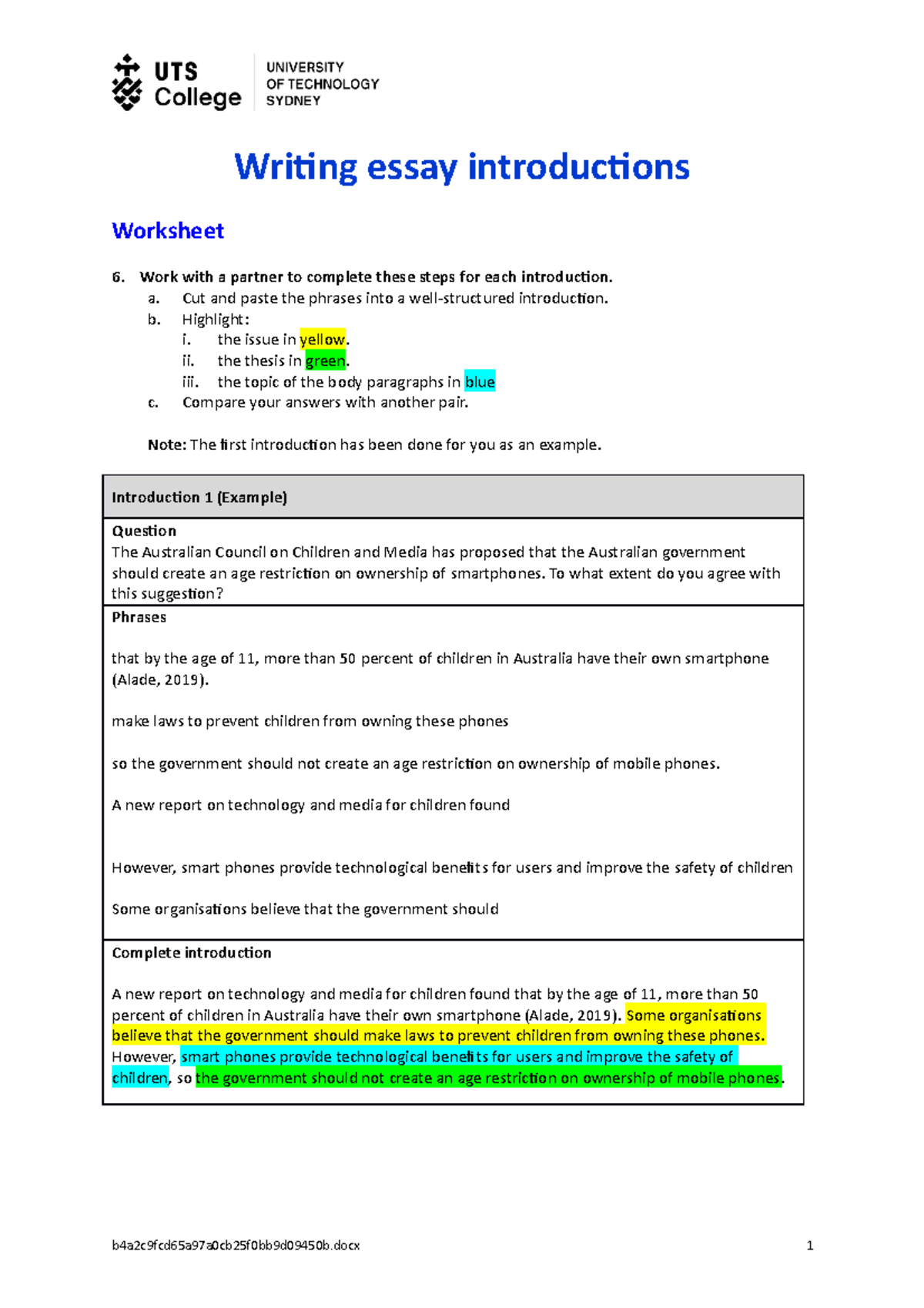 AE3.1 Writing essay introductions - Worksheet - Writing essay ...