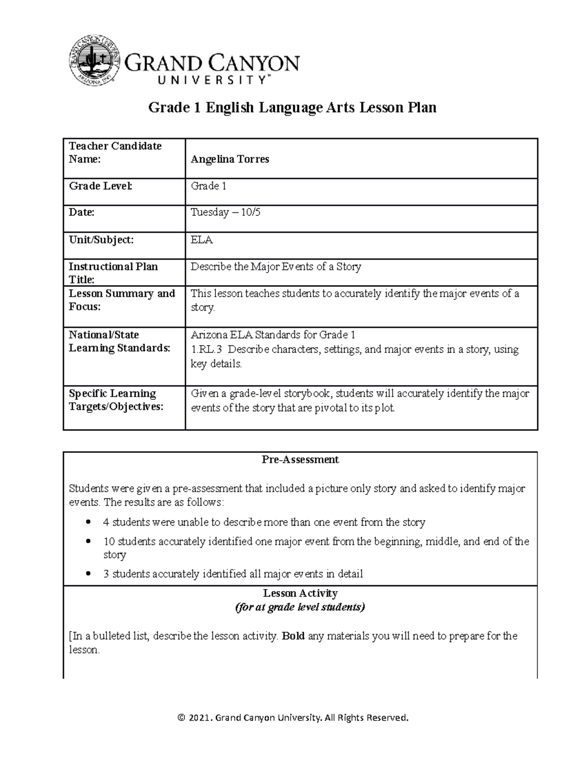 ECE 220 ELA Lesson Plan Grade 1 English Language Arts Lesson Plan 