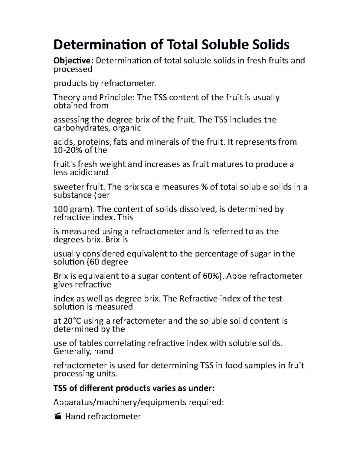 Determination of Total Soluble Solids AND Moisture Determination of