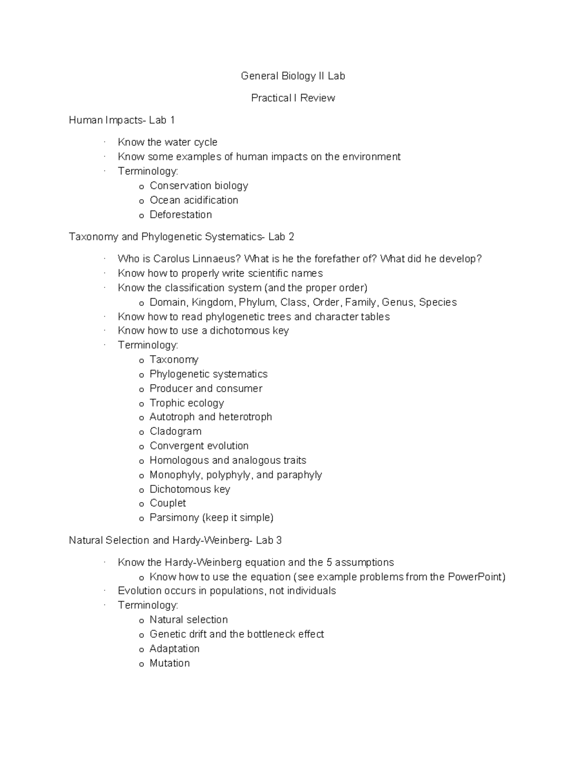Practical 1 Review - General Biology II Lab Practical I Review Human ...