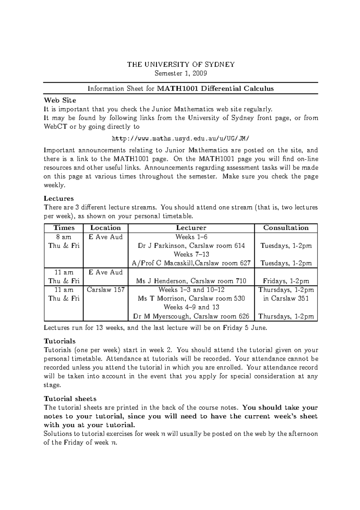 MATH1001 2009 Semester 1 Information Sheet - THE UNIVERSITY OF SYDNEY ...
