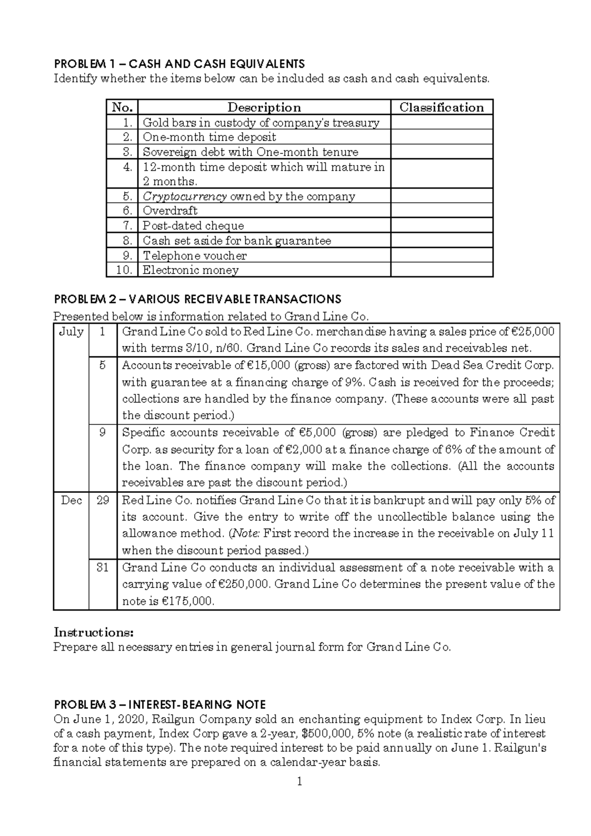 Cash and Receivables (Exercise) 1 PROBLEM 1 CASH AND CASH
