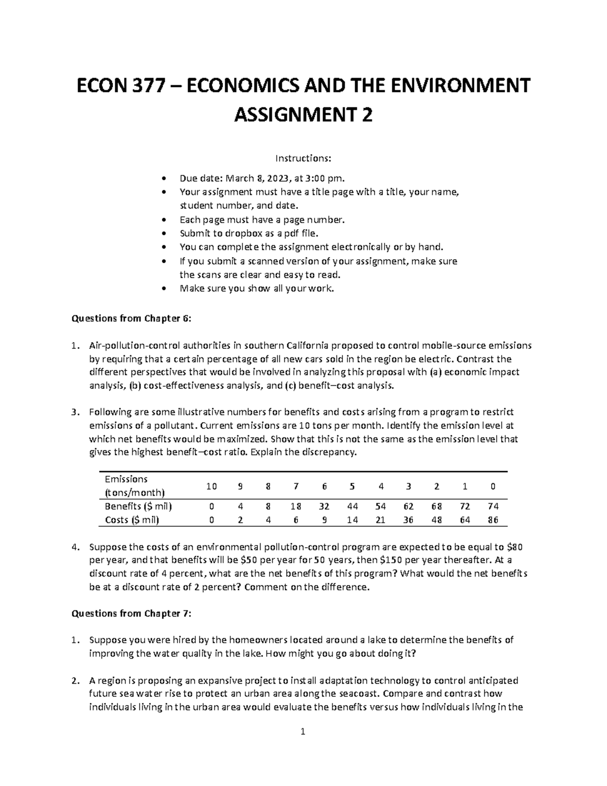 Assignment 2 1 Econ 377 Economics And The Environment Assignment 2