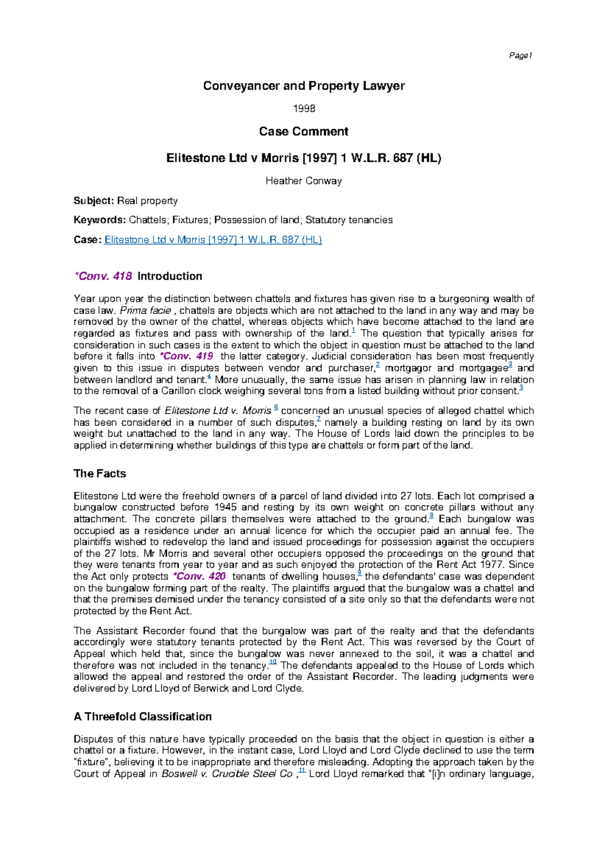 1998 - Case comment on Elitestone v Morris - Conveyancer and Property ...
