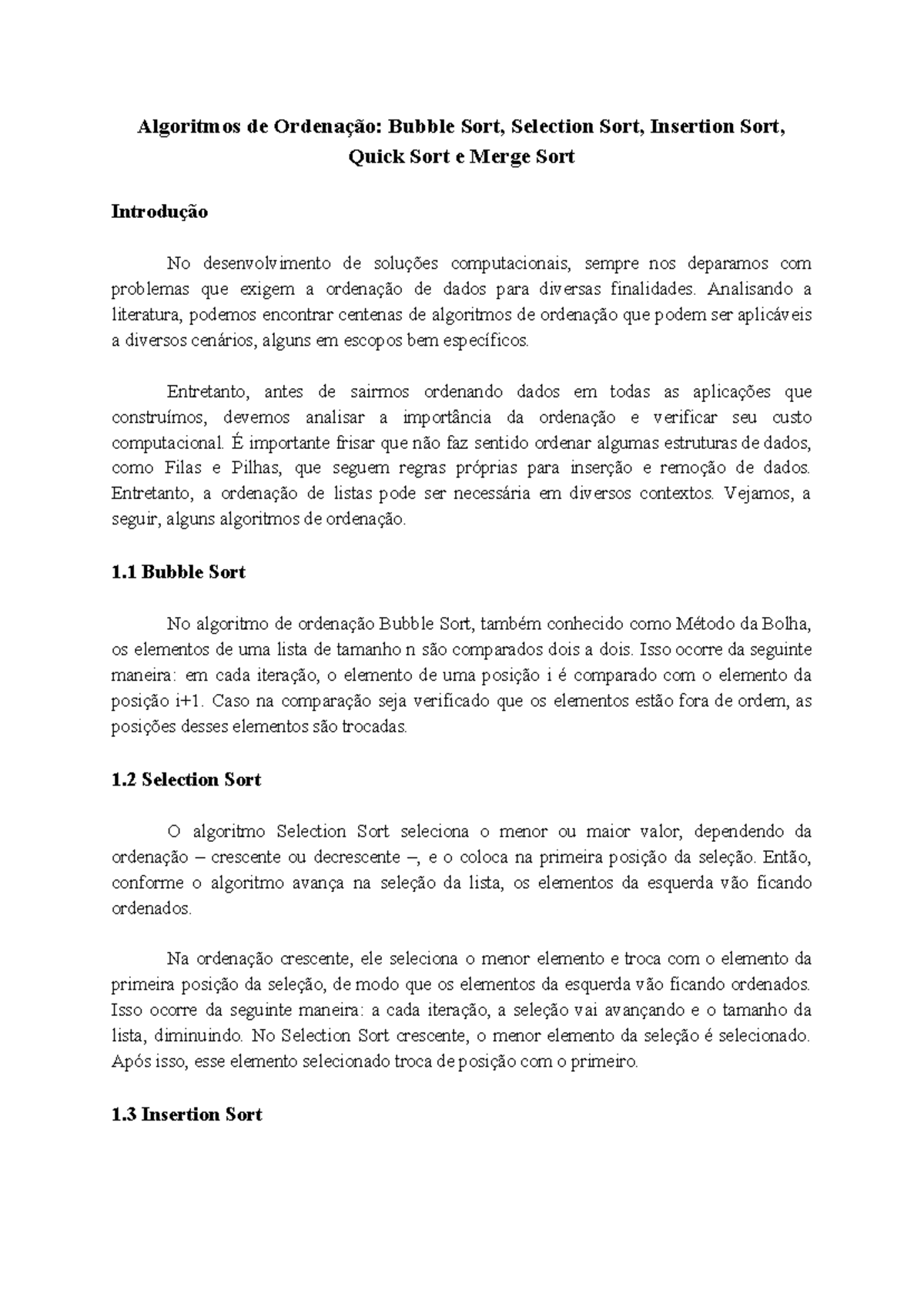 Algoritmos de Ordenação Insertion Sort 