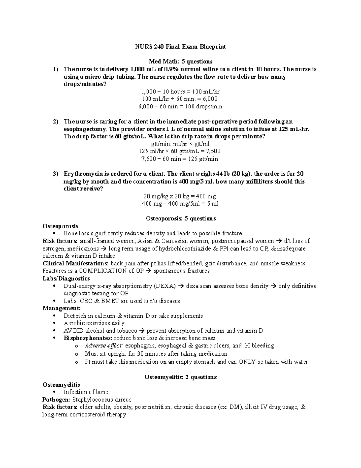 Final Exam Blueprint - NURS 240 Final Exam Blueprint **Med Math: 5 ...