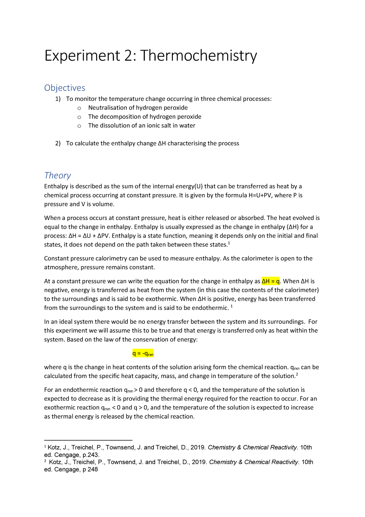 thermochemistry experiment topics