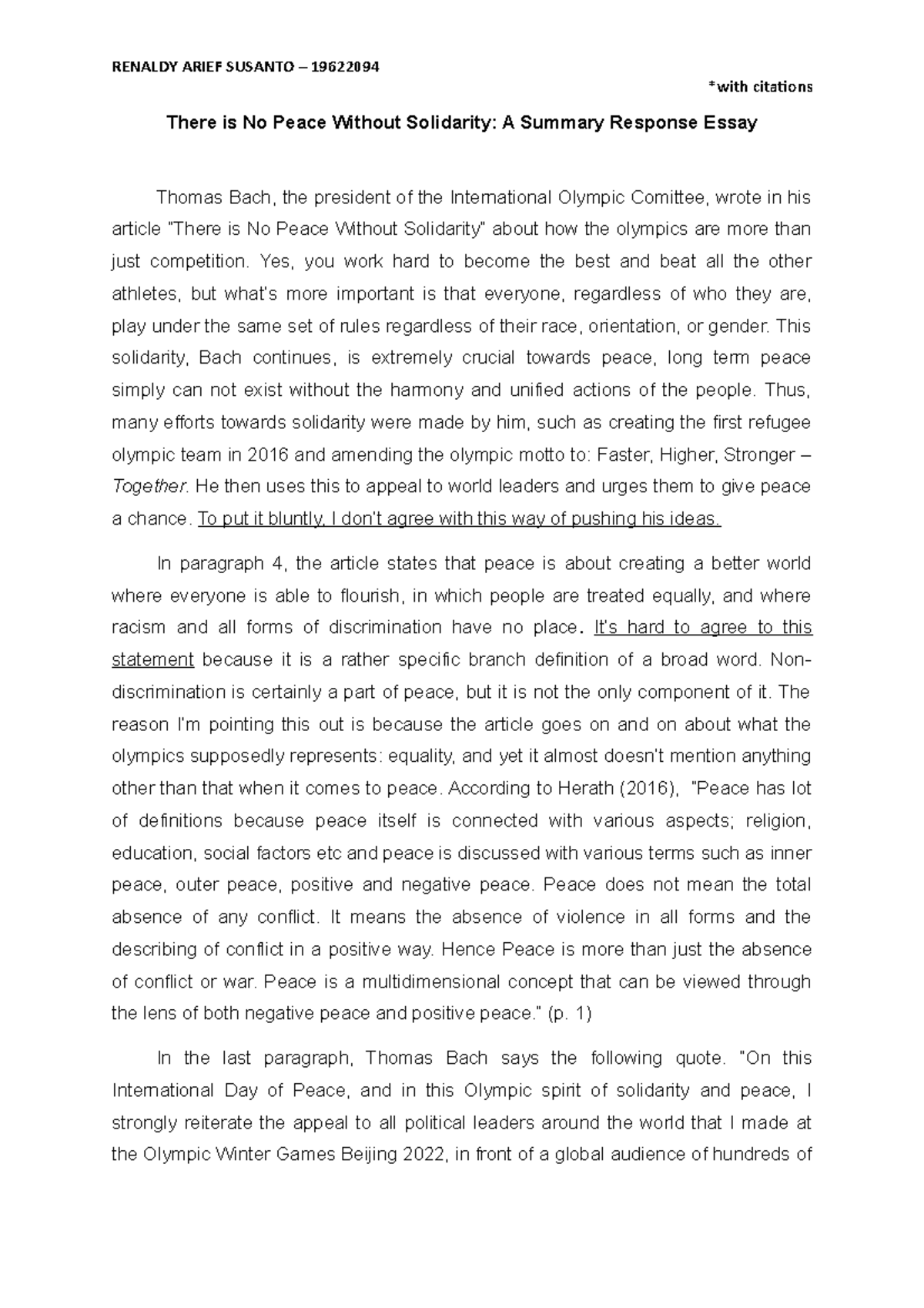 Summary Response Essay "There is No Peace Without Solidarity" *with