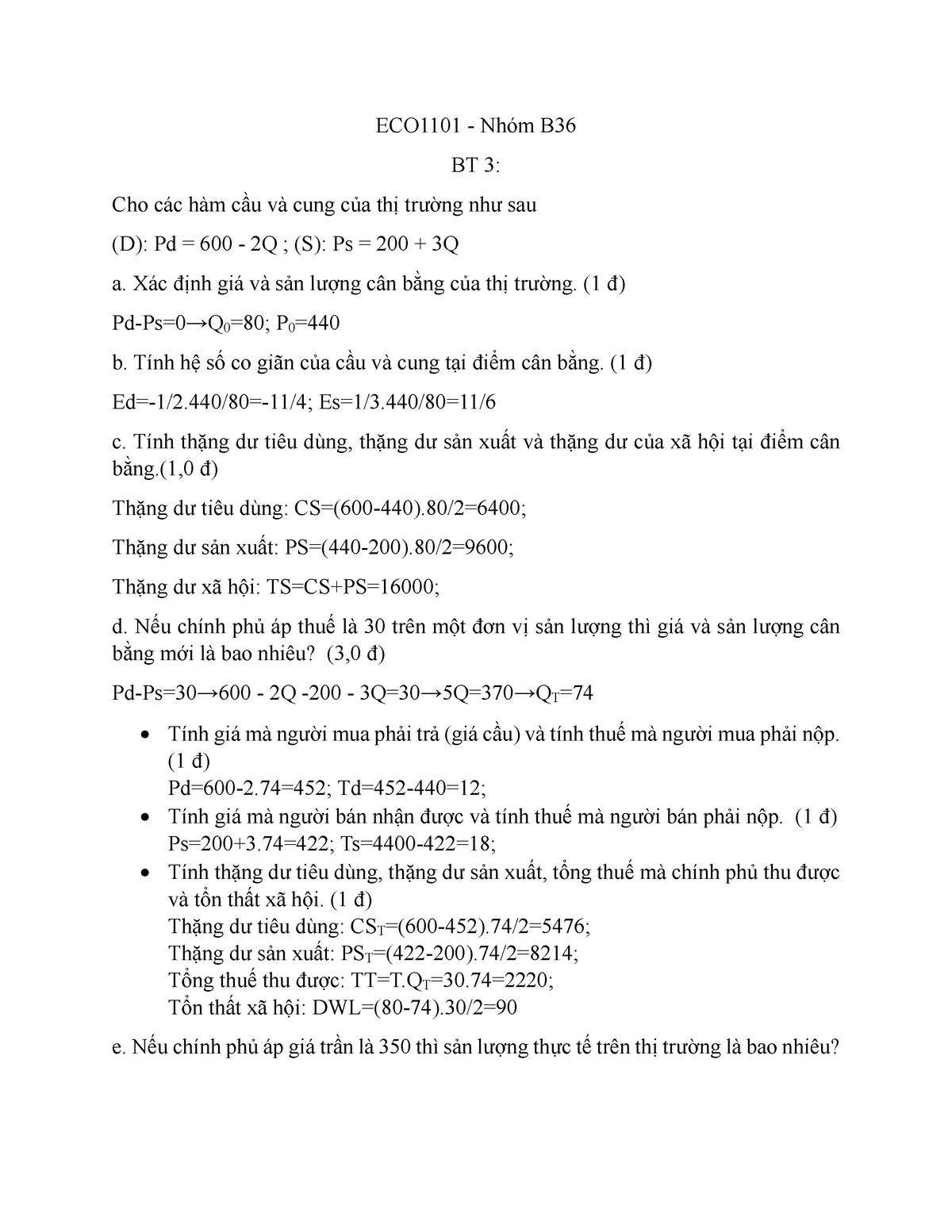 ECO1101-B36- BTS3 DAP AN - ECO1101 - Nhóm B3 6 BT 3 : Cho Các Hàm Cầu ...