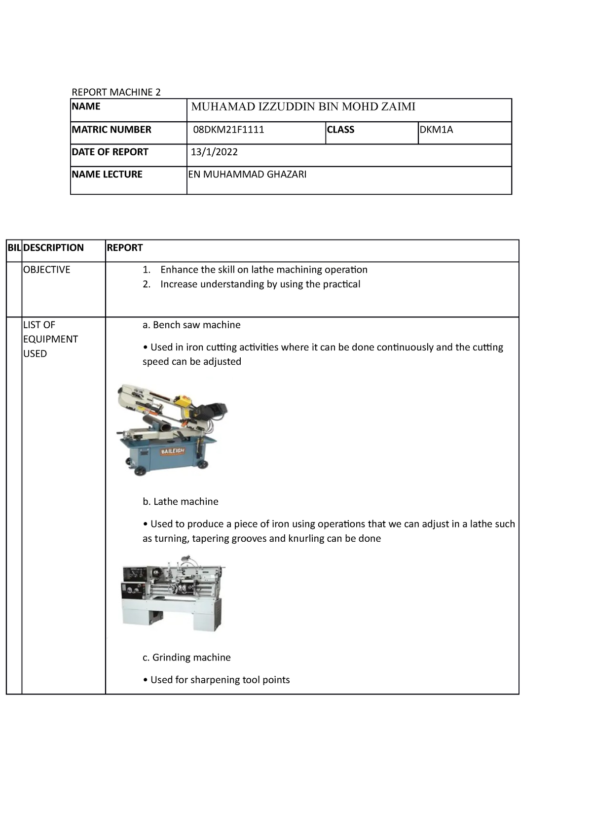 Report Machine 2 - example - REPORT MACHINE 2 NAME MUHAMAD IZZUDDIN BIN ...