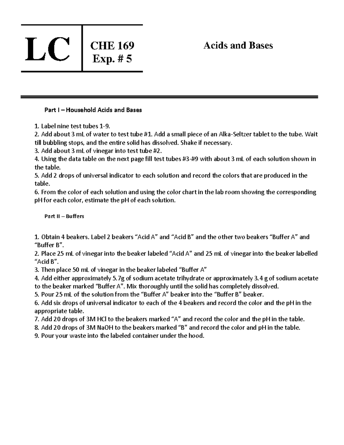 CHE169 Exp 5 1 lab LC CHE 169 Exp. 5 Acids and Bases Part I
