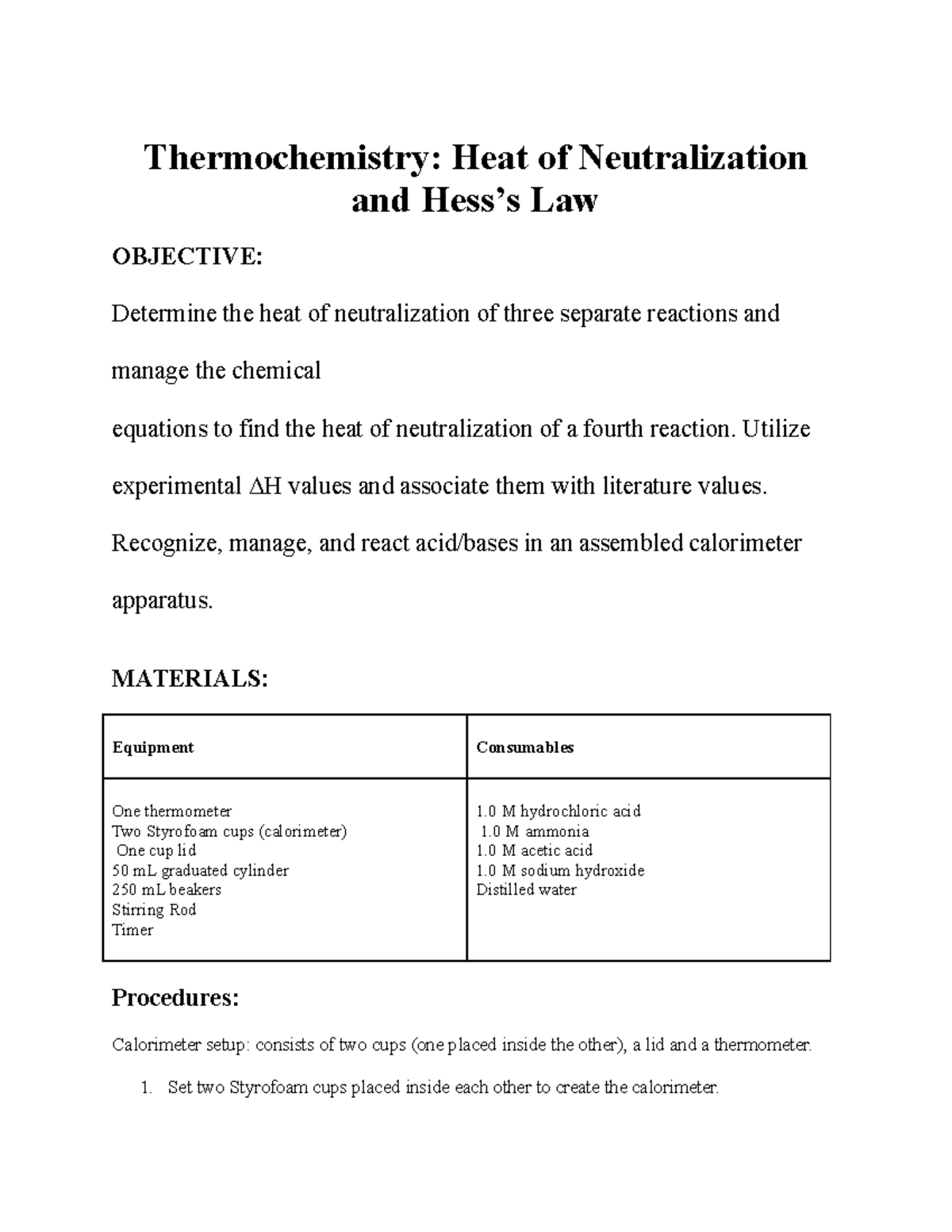 Lab 6 report lab Thermochemistry Heat of Neutralization and Hess’s